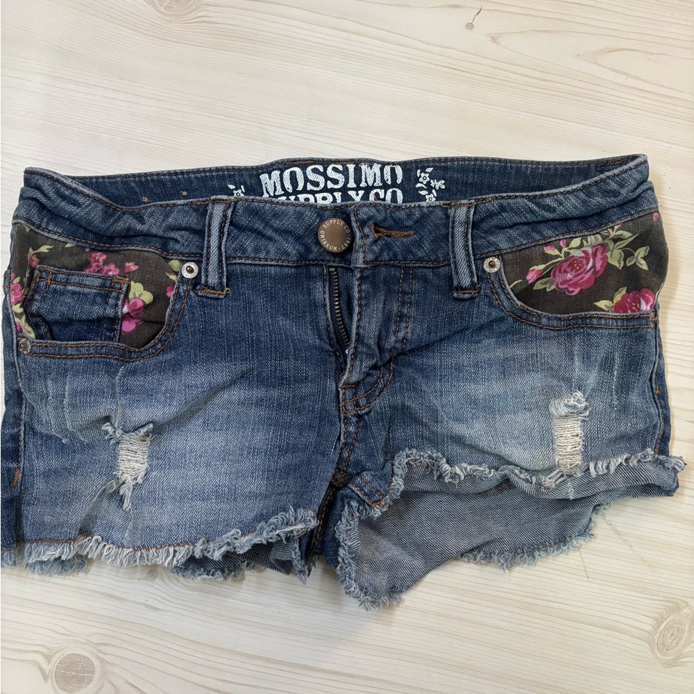 Mossimo Supply Co. Women's Blue Distressed Denim Shorts with Pink Floral Trim